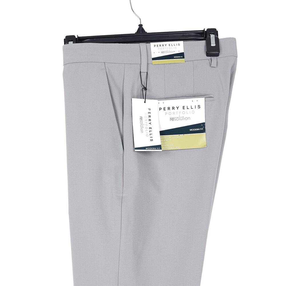 Perry Ellis Mens Modern Fit Dress Pants 34x29 Chiseled Stone Grey Solid Stretch